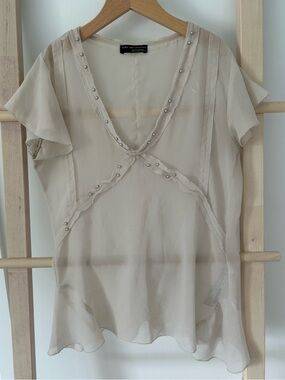 Zara Cream Sheer Beaded V-Neck Blouse